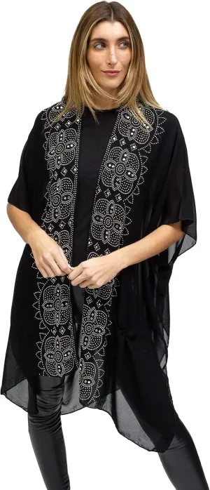 Jessica McClintock Rose Chain Print Rhinestone Beach Cover Up Swimsuit Sheer Kimono Cardigan