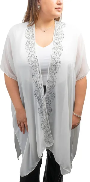 Jessica McClintock Rose Chain Print Rhinestone Beach Cover Up Swimsuit Sheer Kimono Cardigan