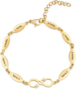JewelOra Custom Engraved 1-8 Names Bracelet for Mother, Personalized Infinity Link Bracelet for Women Customized Infinity Adjustable Chain Charm Bracelet
