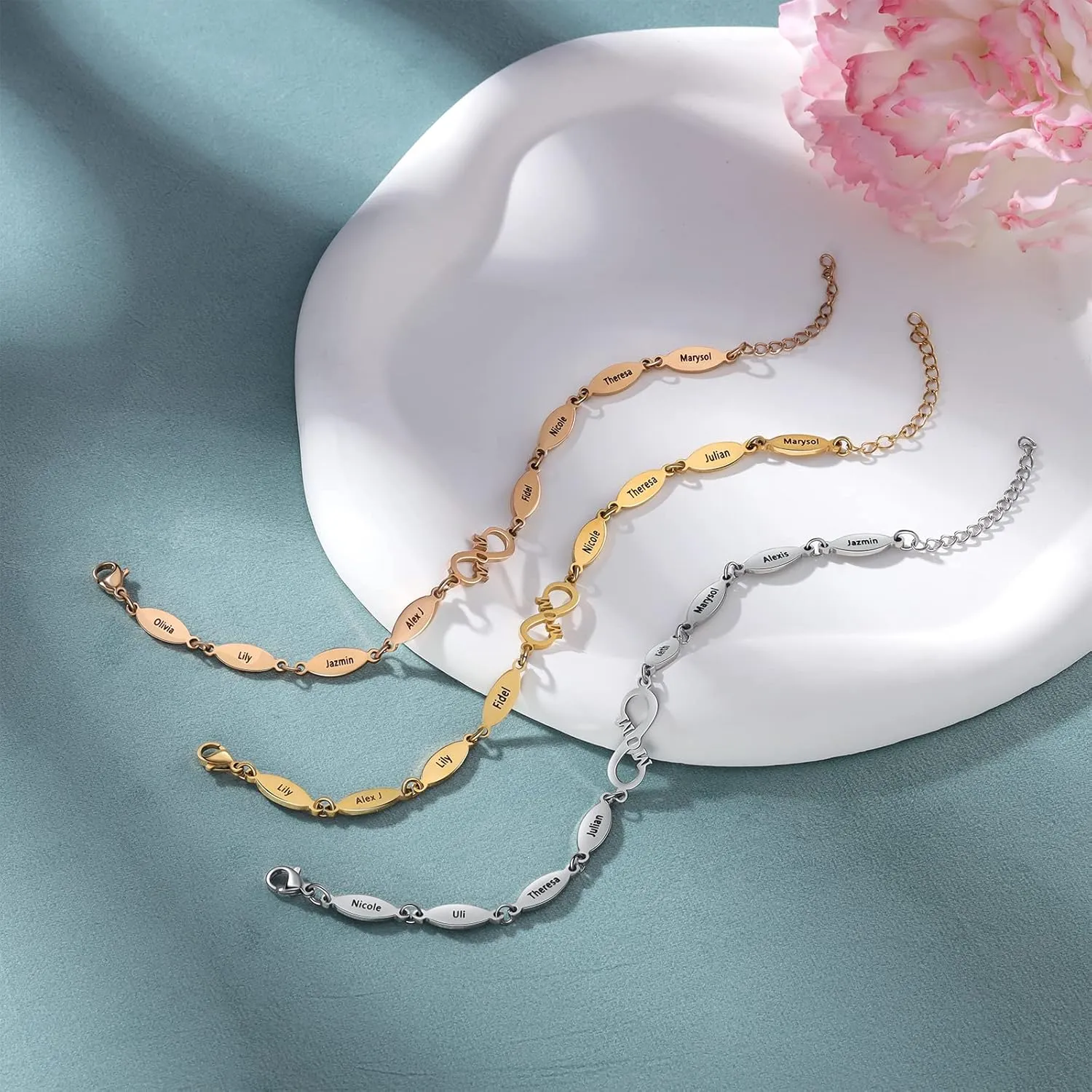 JewelOra Custom Engraved 1-8 Names Bracelet for Mother, Personalized Infinity Link Bracelet for Women Customized Infinity Adjustable Chain Charm Bracelet