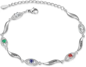 JewelOra Personalized Evil Eye Bracelet for Women, Custom Name Link Bracelet with Simulated Birthstone Adjustable Chain Charm Evil Eye Jewelry Birthday Gift for Mother