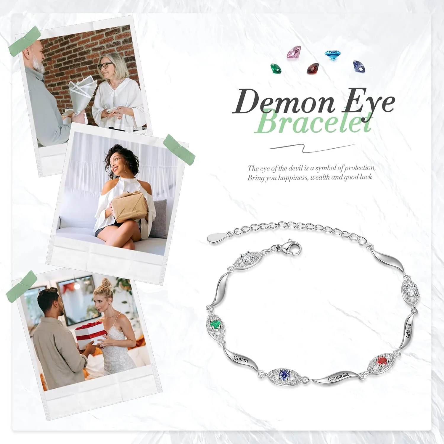 JewelOra Personalized Evil Eye Bracelet for Women, Custom Name Link Bracelet with Simulated Birthstone Adjustable Chain Charm Evil Eye Jewelry Birthday Gift for Mother