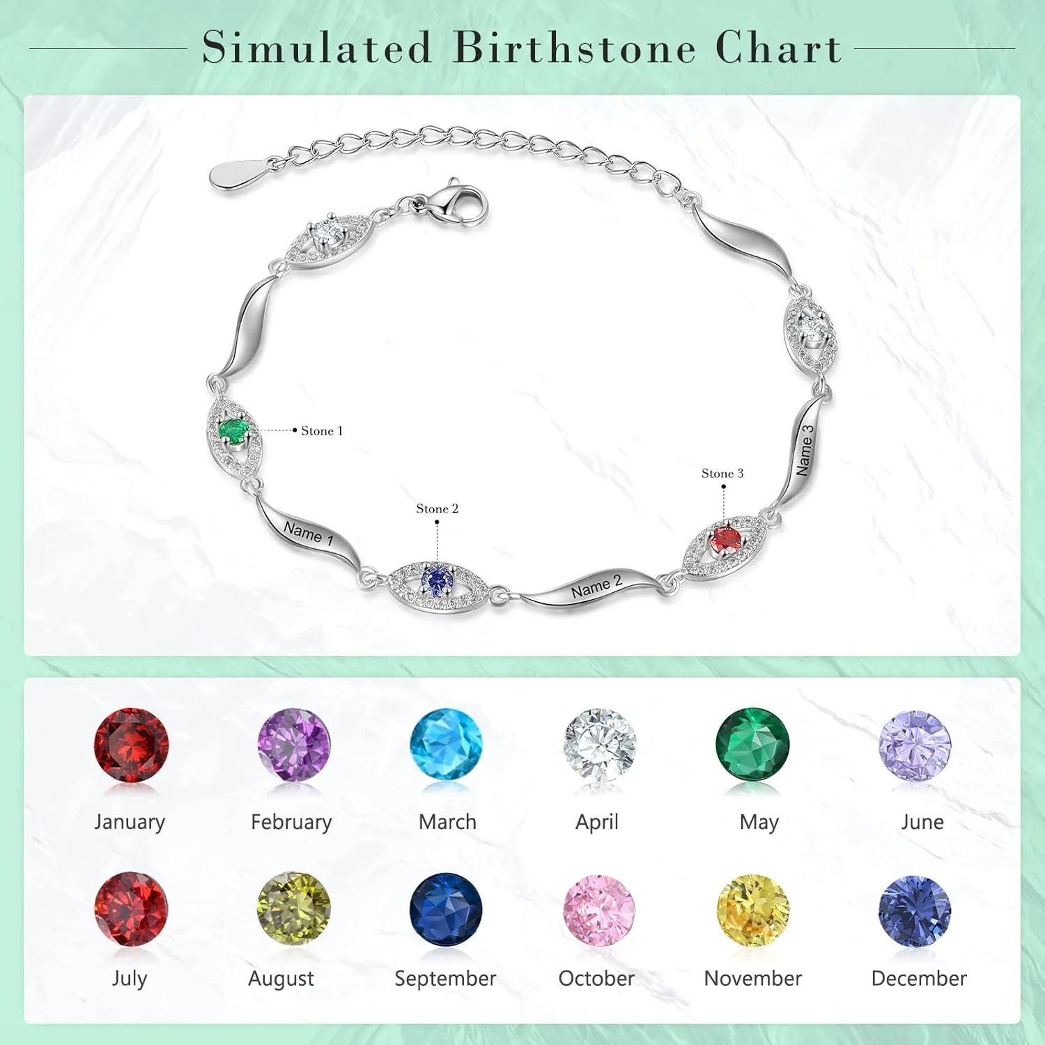 JewelOra Personalized Evil Eye Bracelet for Women, Custom Name Link Bracelet with Simulated Birthstone Adjustable Chain Charm Evil Eye Jewelry Birthday Gift for Mother