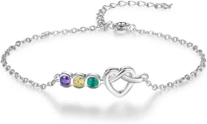 JewelOra Personalized Heart Bracelets for Women, Custom Bracelets with 3-4 Simulated Birthstone Adjustable Chain Heart Charm Birthday Christmas Gift for Women