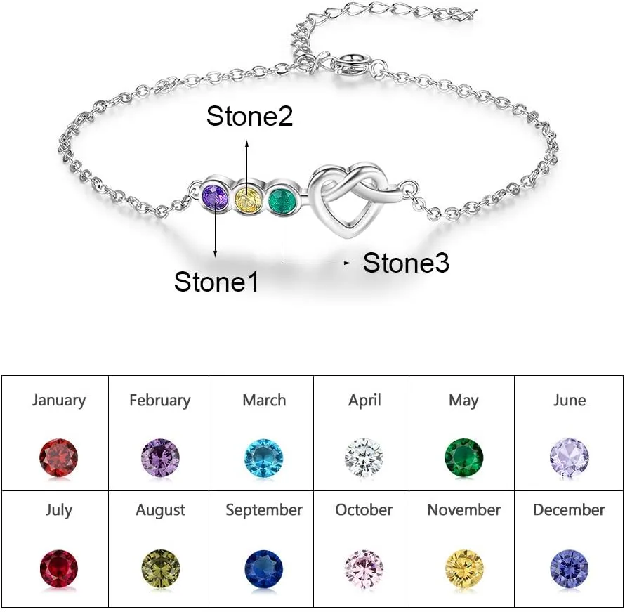 JewelOra Personalized Heart Bracelets for Women, Custom Bracelets with 3-4 Simulated Birthstone Adjustable Chain Heart Charm Birthday Christmas Gift for Women