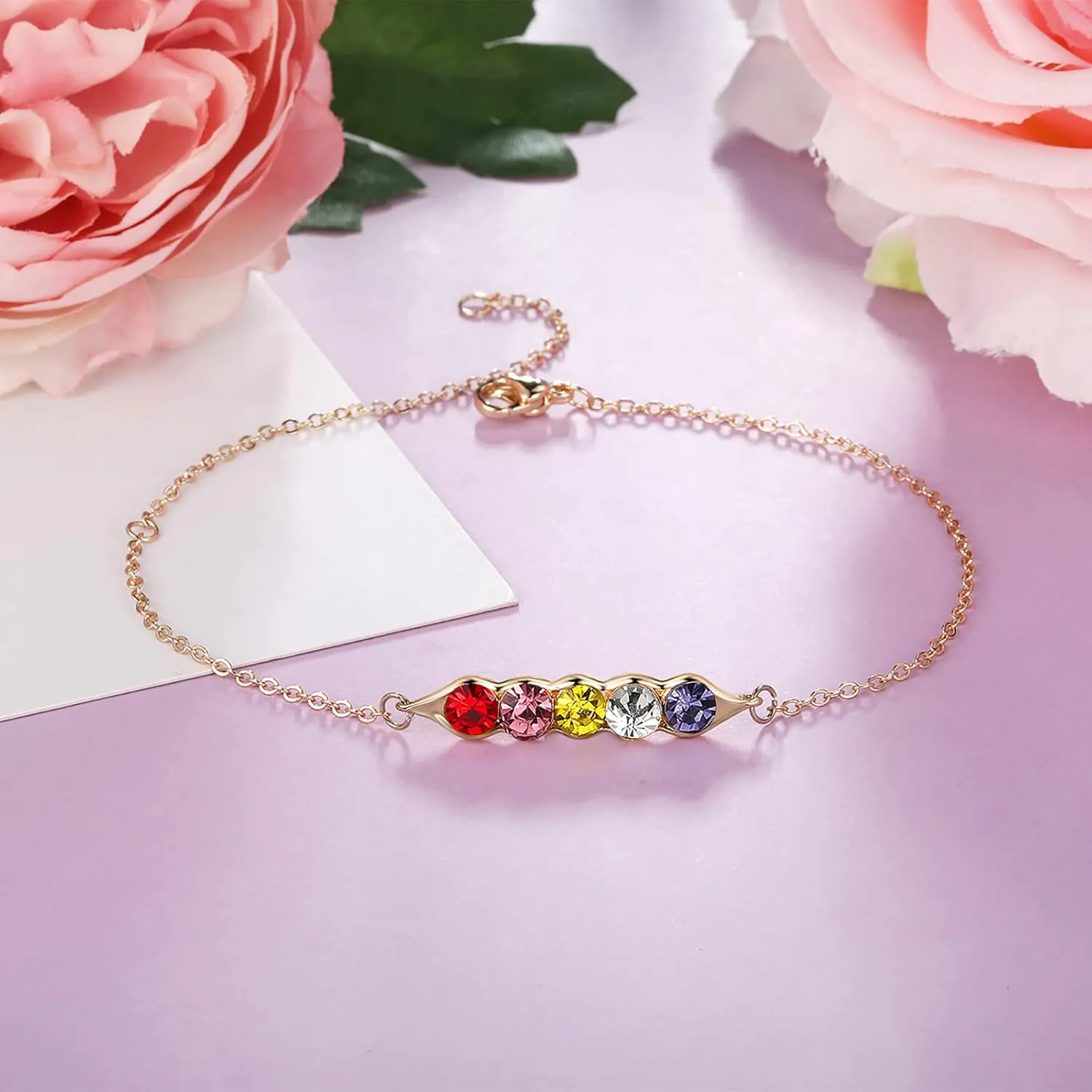 JewelOra Personalized Link Bracelets for Women Custom Link Bracelet with 1-5 Simulated Birthstones Charm Bracelets Jewelry Pea in a Pod Bracelet Birthday Gift for Mother