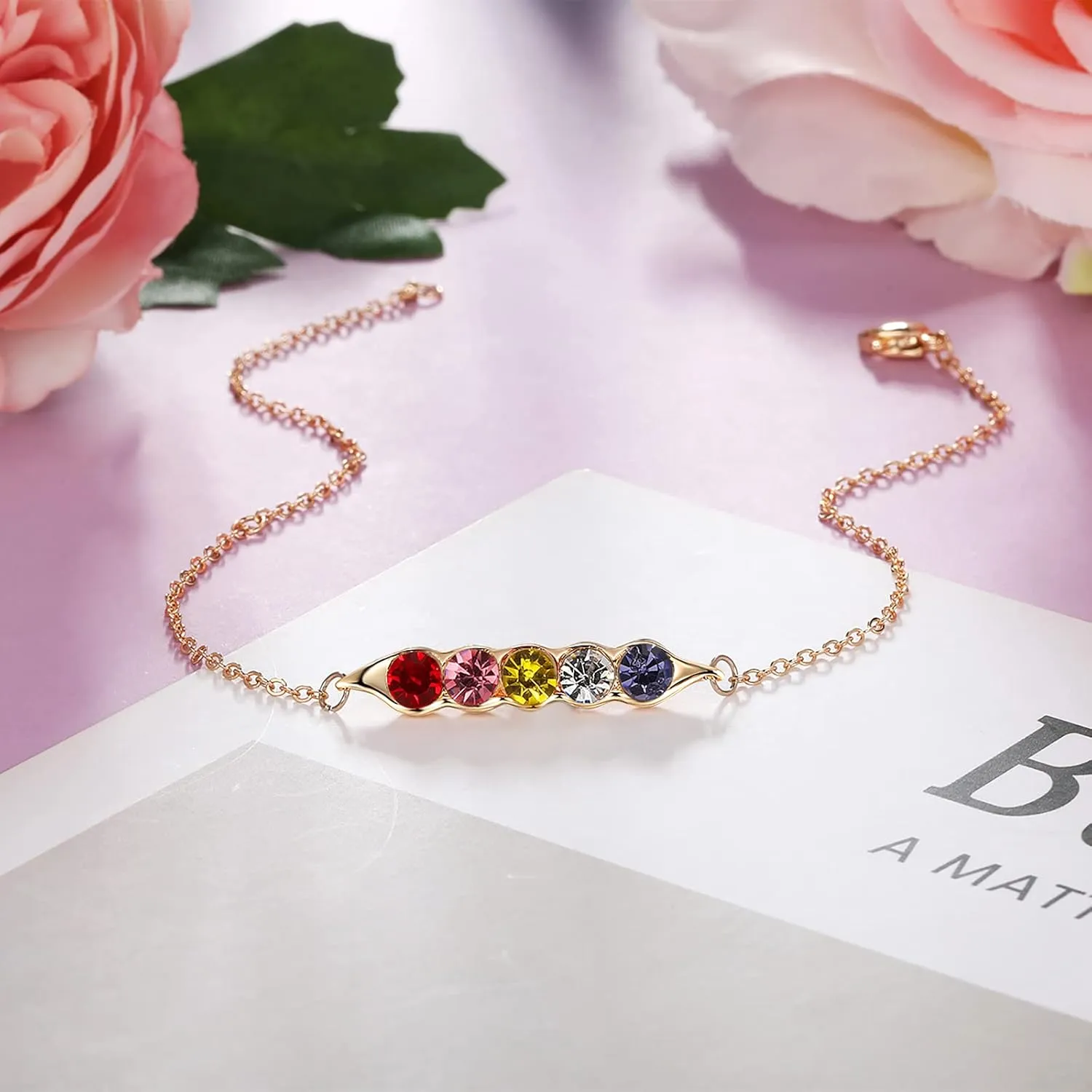 JewelOra Personalized Link Bracelets for Women Custom Link Bracelet with 1-5 Simulated Birthstones Charm Bracelets Jewelry Pea in a Pod Bracelet Birthday Gift for Mother