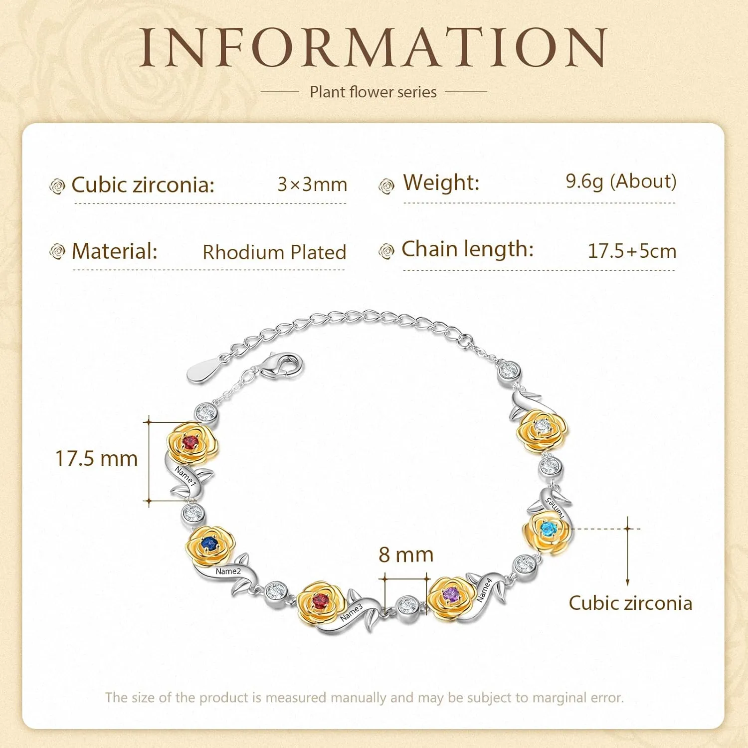 JewelOra Personalized Rose Flower Bracelet for Women Customized 4-6 Name Link Bracelet with Simulated Birthstone Adjustable Chain Charm Mothers Jewelry Gift for Birthday Valentines Day