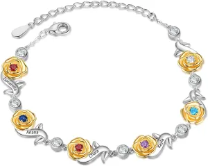 JewelOra Personalized Rose Flower Bracelet for Women Customized 4-6 Name Link Bracelet with Simulated Birthstone Adjustable Chain Charm Mothers Jewelry Gift for Birthday Valentines Day