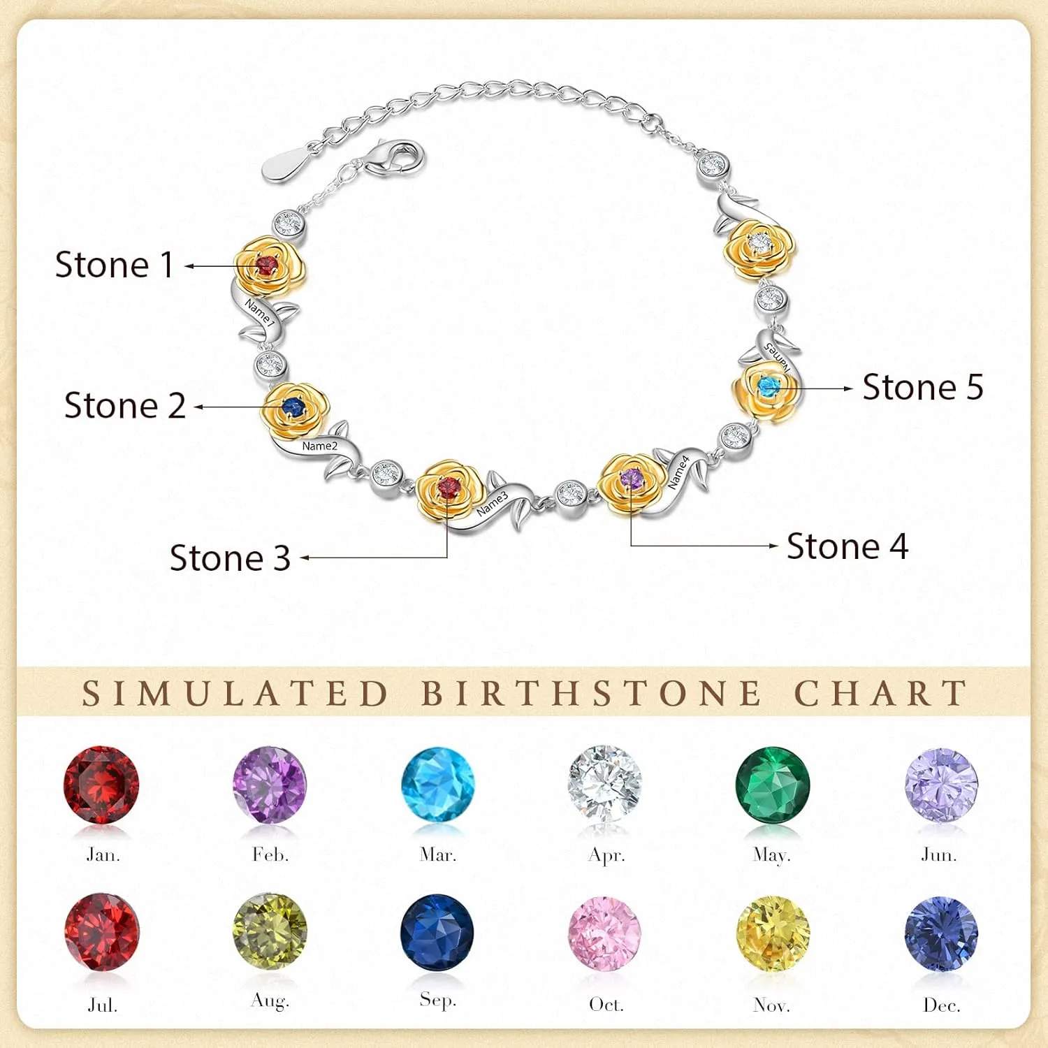 JewelOra Personalized Rose Flower Bracelet for Women Customized 4-6 Name Link Bracelet with Simulated Birthstone Adjustable Chain Charm Mothers Jewelry Gift for Birthday Valentines Day