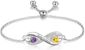 JewelOra Personalized Simulated Birthstone Bracelets Custom Engraved 2 Name Bracelets Link Infinity Heart Bracelet Link Adjustable Chain Charm for Mom Wife Girlfriend Jewelry Gift for Mother's Day