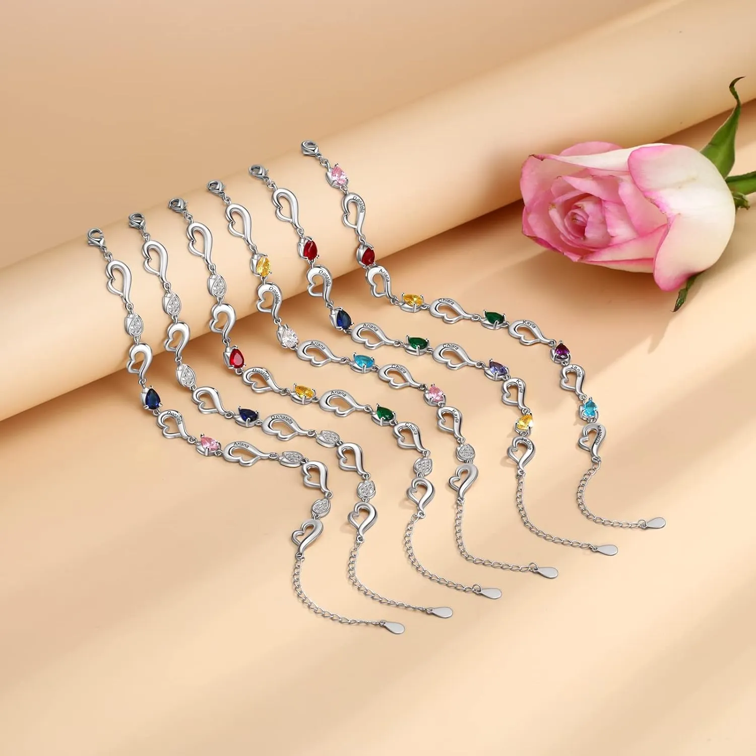 JewelOra Personalized Simulated Birthstones Bracelet for Women, Custom Heart Link Bracelet Engraved 1-6 Name Link Chain Charm Bracelet Adjustable Chain Gift for Birthday Valentines Day