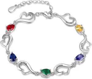 JewelOra Personalized Simulated Birthstones Bracelet for Women, Custom Heart Link Bracelet Engraved 1-6 Name Link Chain Charm Bracelet Adjustable Chain Gift for Birthday Valentines Day