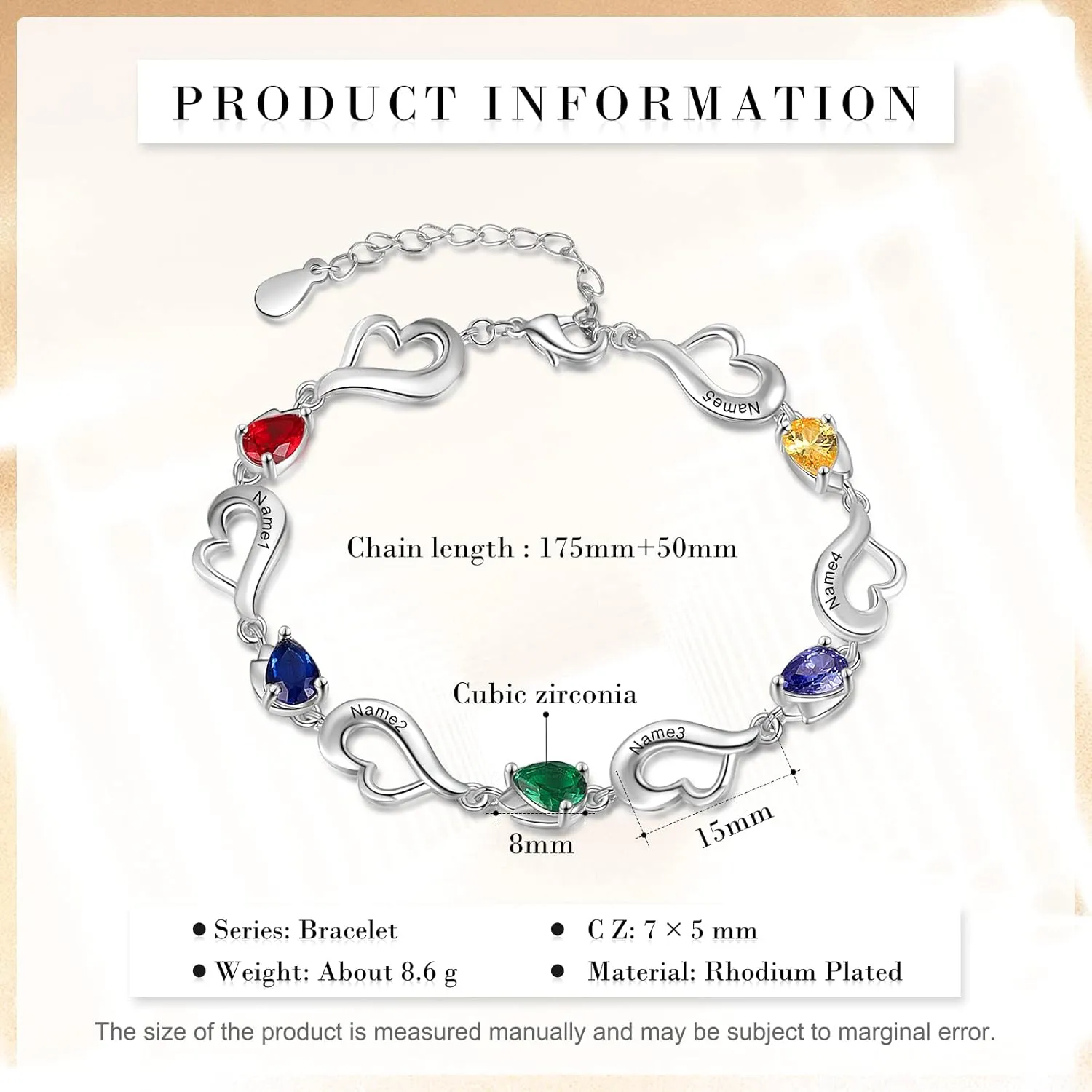 JewelOra Personalized Simulated Birthstones Bracelet for Women, Custom Heart Link Bracelet Engraved 1-6 Name Link Chain Charm Bracelet Adjustable Chain Gift for Birthday Valentines Day
