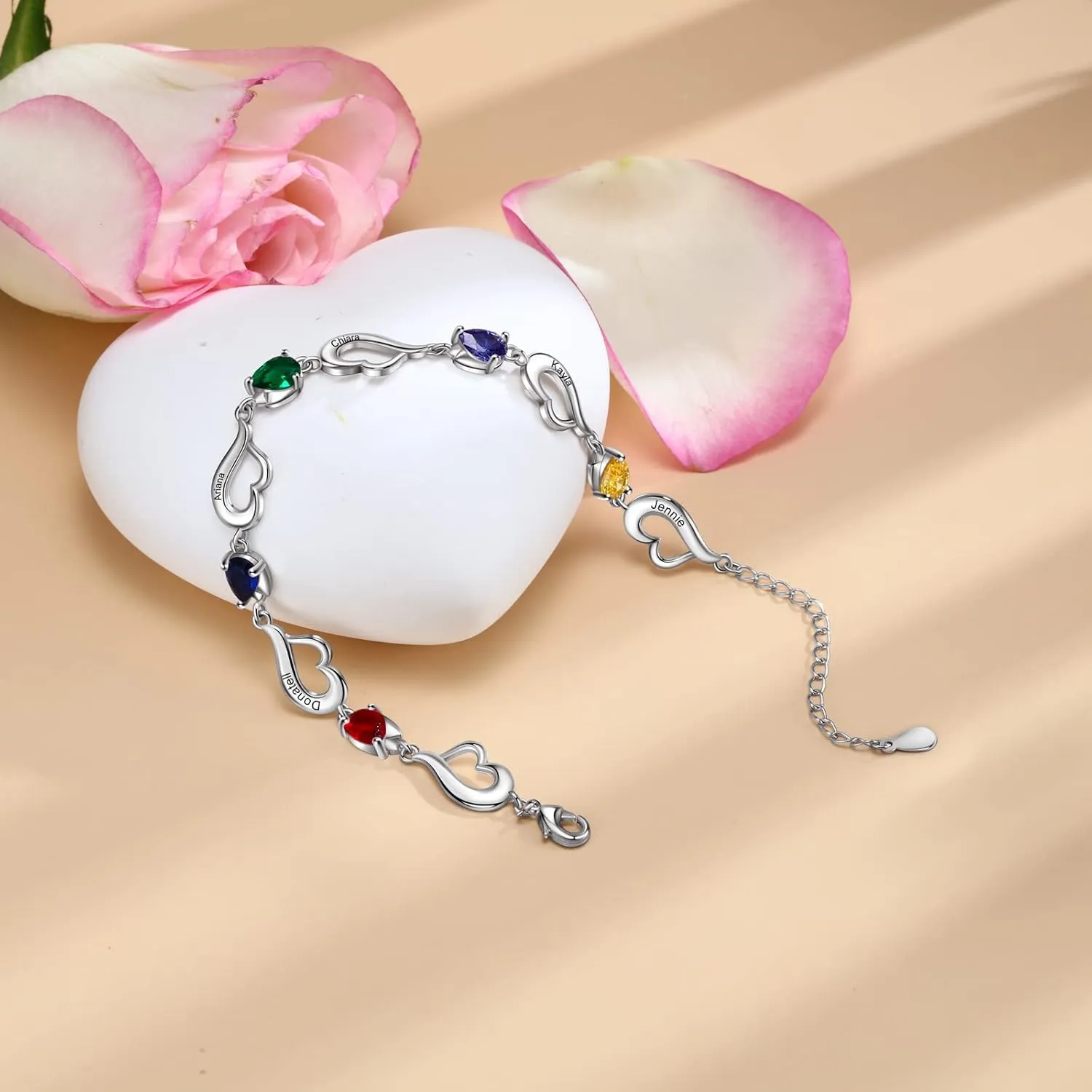 JewelOra Personalized Simulated Birthstones Bracelet for Women, Custom Heart Link Bracelet Engraved 1-6 Name Link Chain Charm Bracelet Adjustable Chain Gift for Birthday Valentines Day