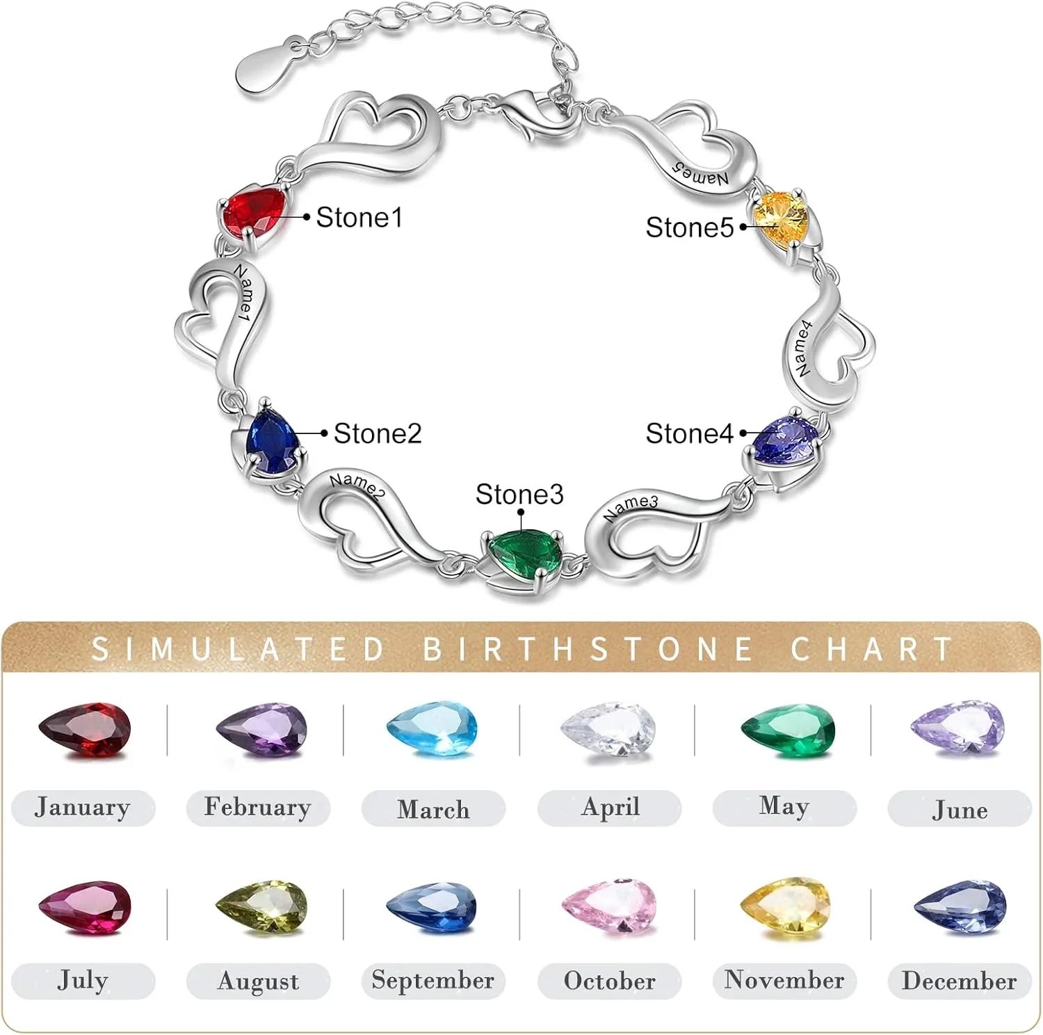 JewelOra Personalized Simulated Birthstones Bracelet for Women, Custom Heart Link Bracelet Engraved 1-6 Name Link Chain Charm Bracelet Adjustable Chain Gift for Birthday Valentines Day