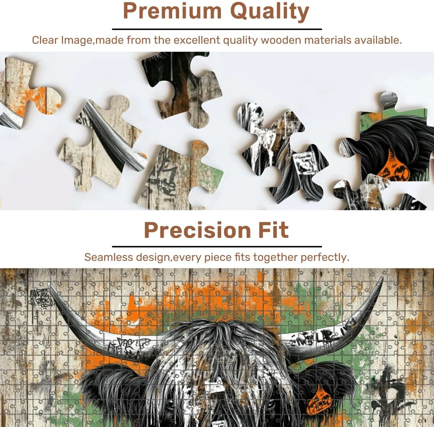 Jigsaw Puzzles 500 Pieces for Adult Surreal Graffiti Cow Canvas Rustic Wall Urban Vibe Puzzle Game for Family Wooden Puzzle Toy Educational Games Puzzles for Home Decor