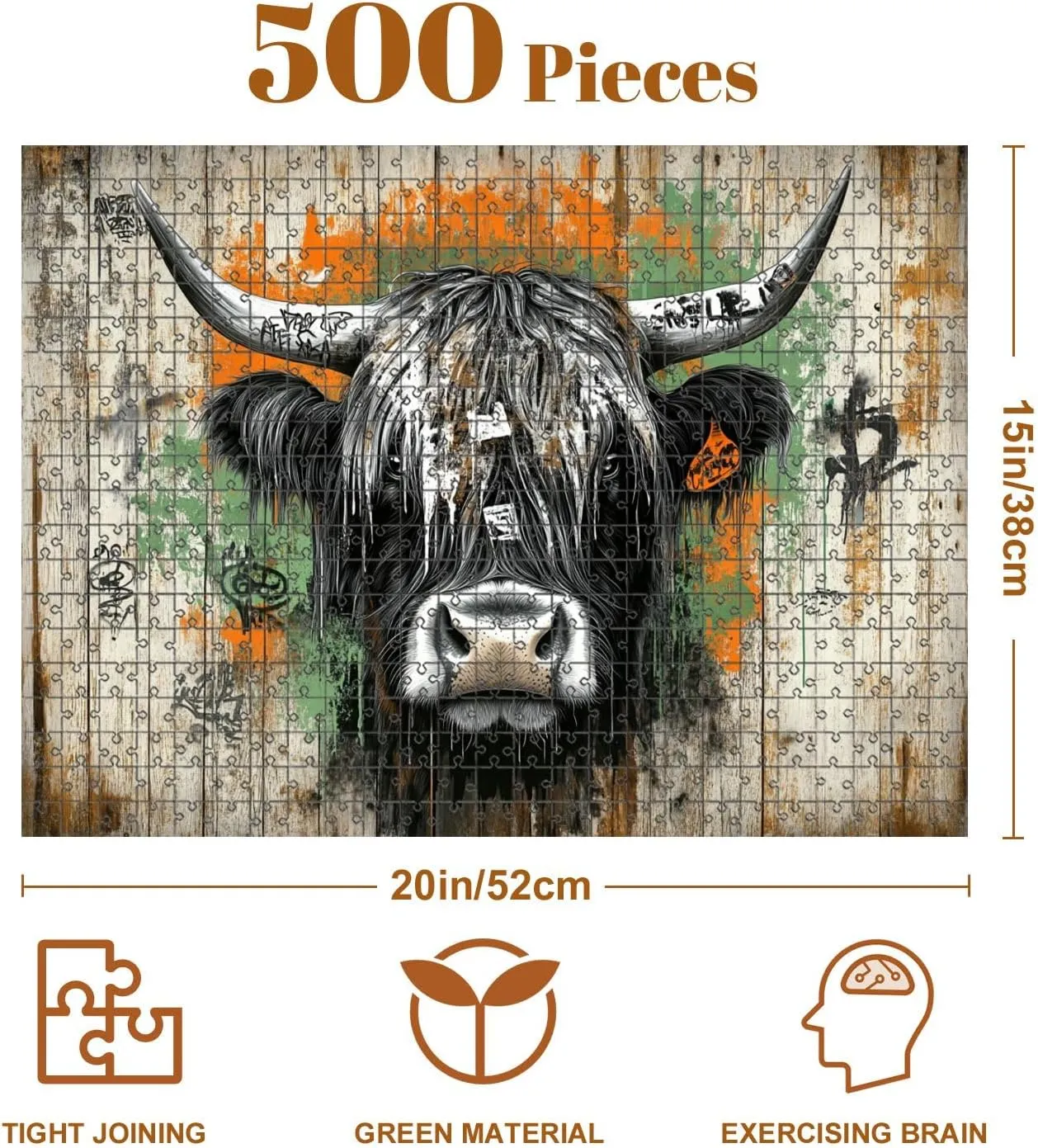 Jigsaw Puzzles 500 Pieces for Adult Surreal Graffiti Cow Canvas Rustic Wall Urban Vibe Puzzle Game for Family Wooden Puzzle Toy Educational Games Puzzles for Home Decor