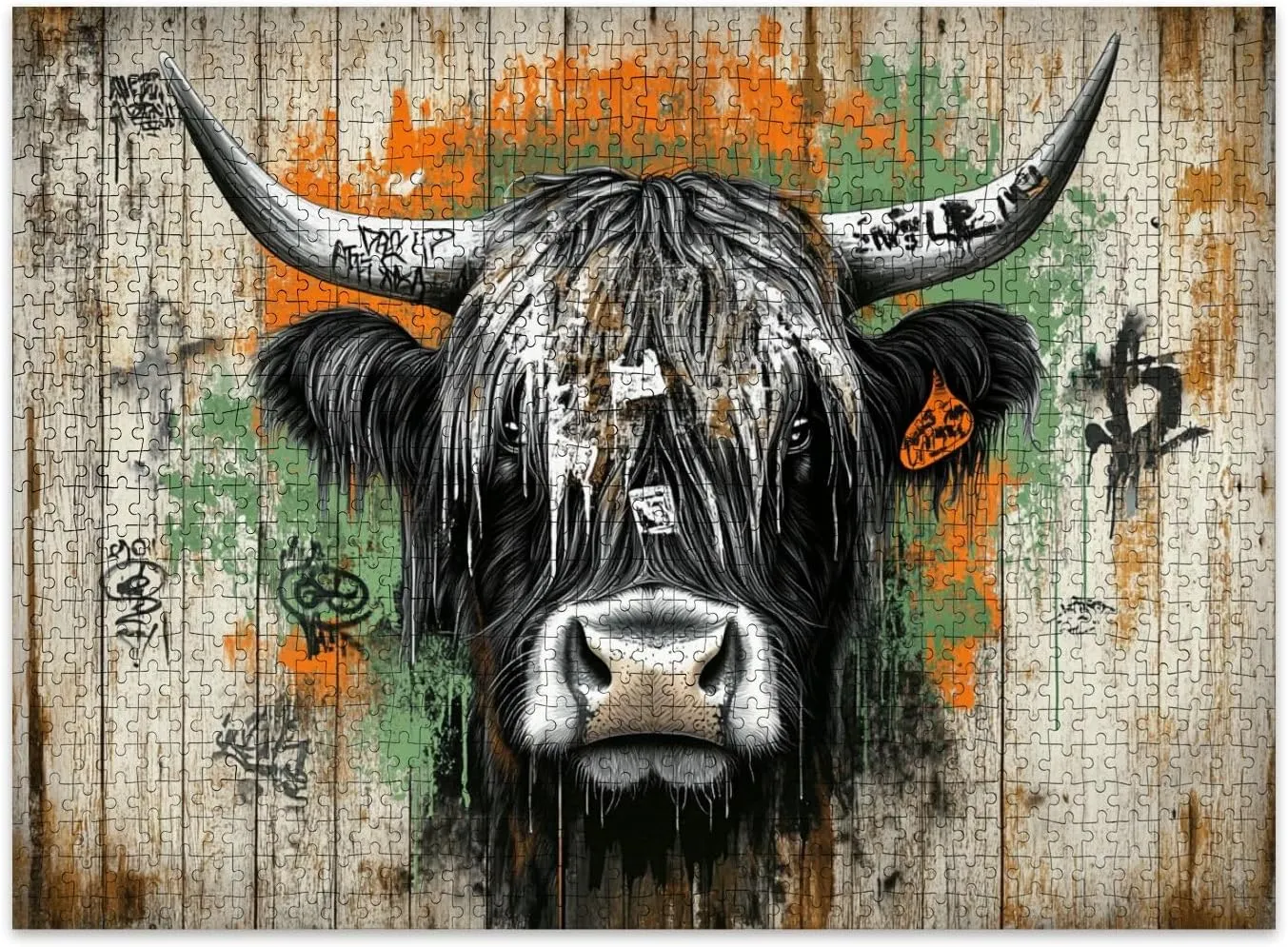 Jigsaw Puzzles 500 Pieces for Adult Surreal Graffiti Cow Canvas Rustic Wall Urban Vibe Puzzle Game for Family Wooden Puzzle Toy Educational Games Puzzles for Home Decor