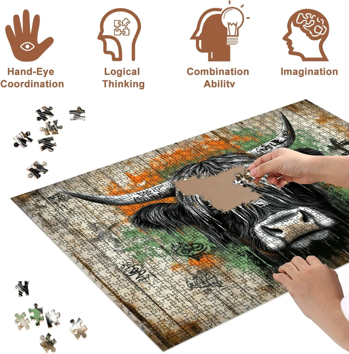 Jigsaw Puzzles 500 Pieces for Adult Surreal Graffiti Cow Canvas Rustic Wall Urban Vibe Puzzle Game for Family Wooden Puzzle Toy Educational Games Puzzles for Home Decor