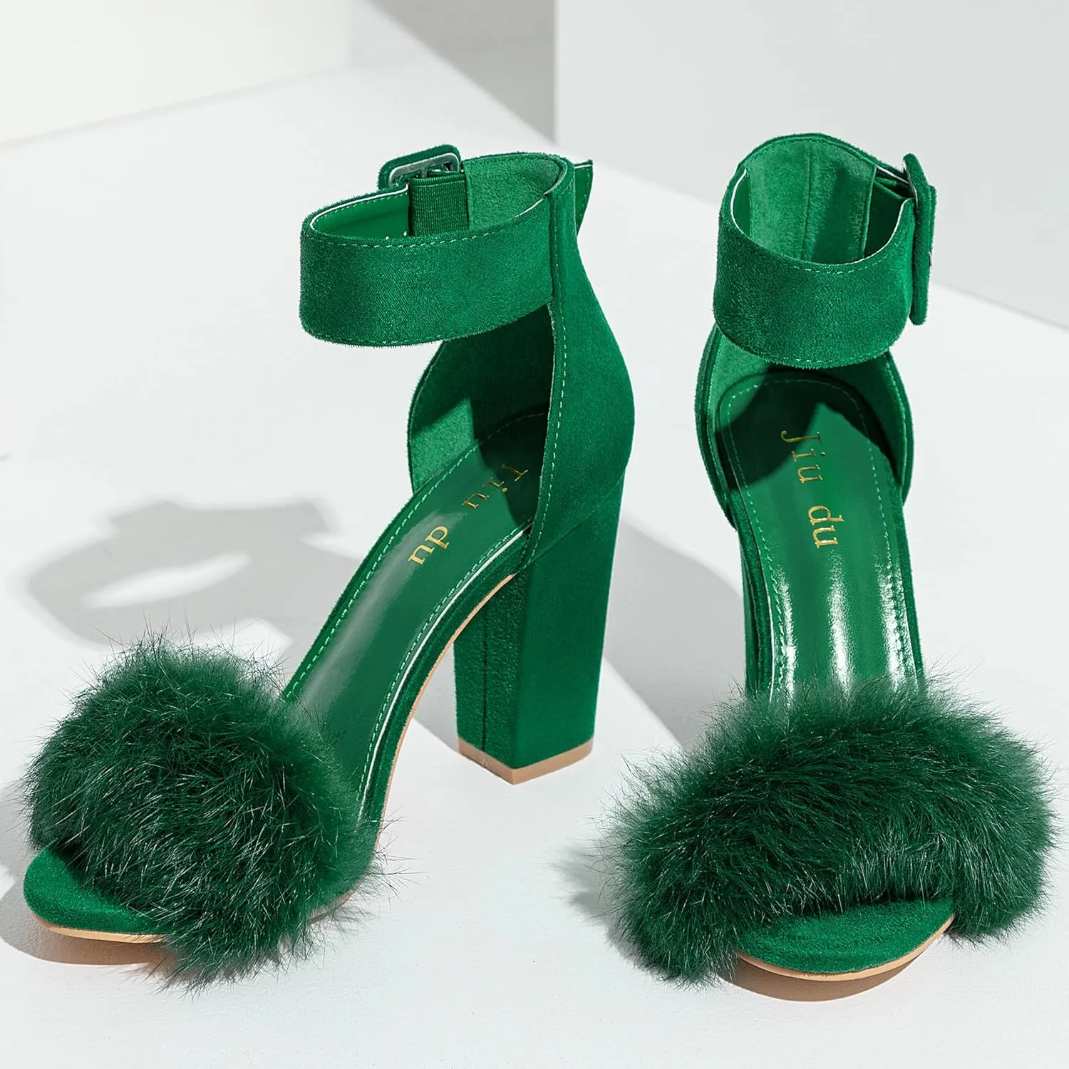 Jiu du Chunky Heels for Women Fur Feather High Heels Open Toe Ankle Strap Fuzzy Fluffy Block Heeled Shoes Prom Party Dance
