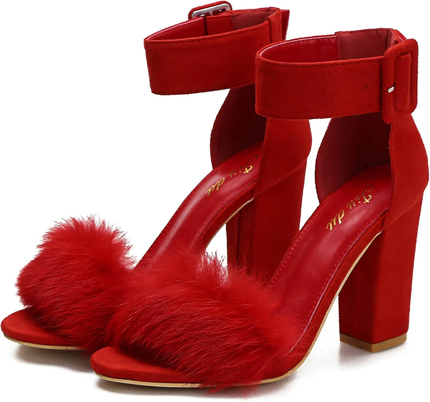 Jiu du Chunky Heels for Women Fur Feather High Heels Open Toe Ankle Strap Fuzzy Fluffy Block Heeled Shoes Prom Party Dance
