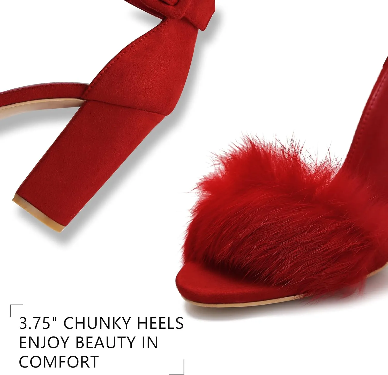 Jiu du Chunky Heels for Women Fur Feather High Heels Open Toe Ankle Strap Fuzzy Fluffy Block Heeled Shoes Prom Party Dance