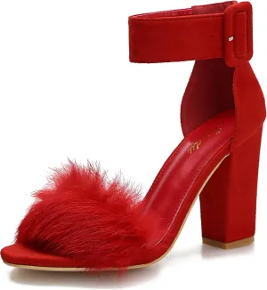 Jiu du Chunky Heels for Women Fur Feather High Heels Open Toe Ankle Strap Fuzzy Fluffy Block Heeled Shoes Prom Party Dance