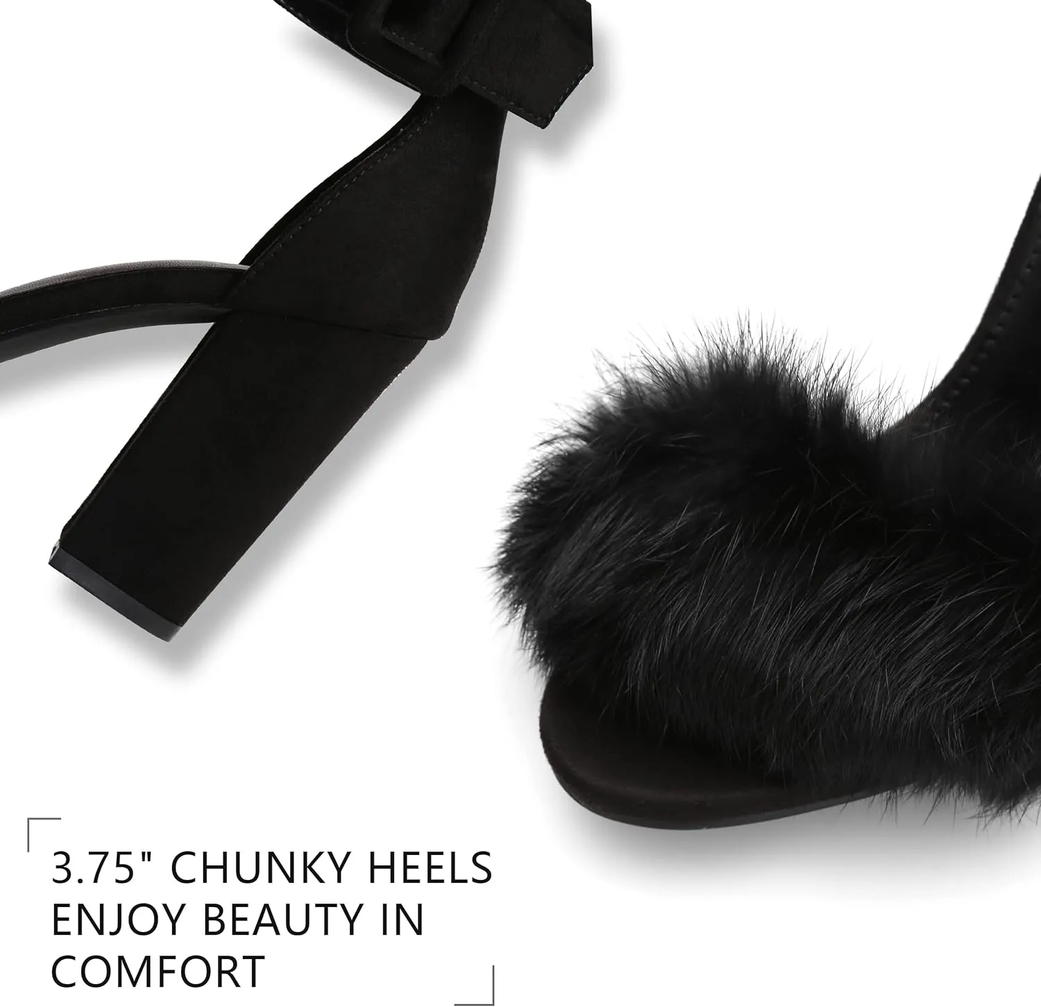 Jiu du Chunky Heels for Women Fur Feather High Heels Open Toe Ankle Strap Fuzzy Fluffy Block Heeled Shoes Prom Party Dance