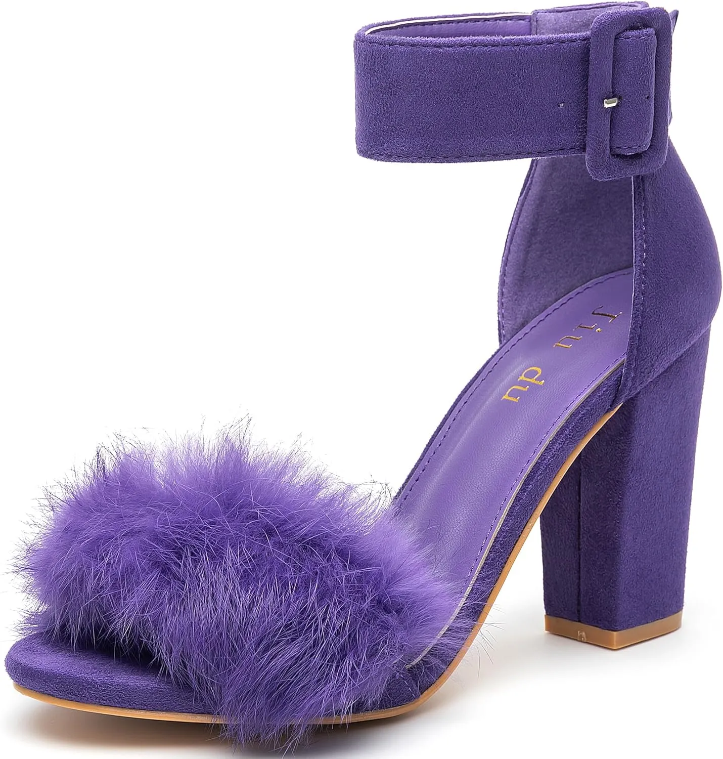 Jiu du Chunky Heels for Women Fur Feather High Heels Open Toe Ankle Strap Fuzzy Fluffy Block Heeled Shoes Prom Party Dance