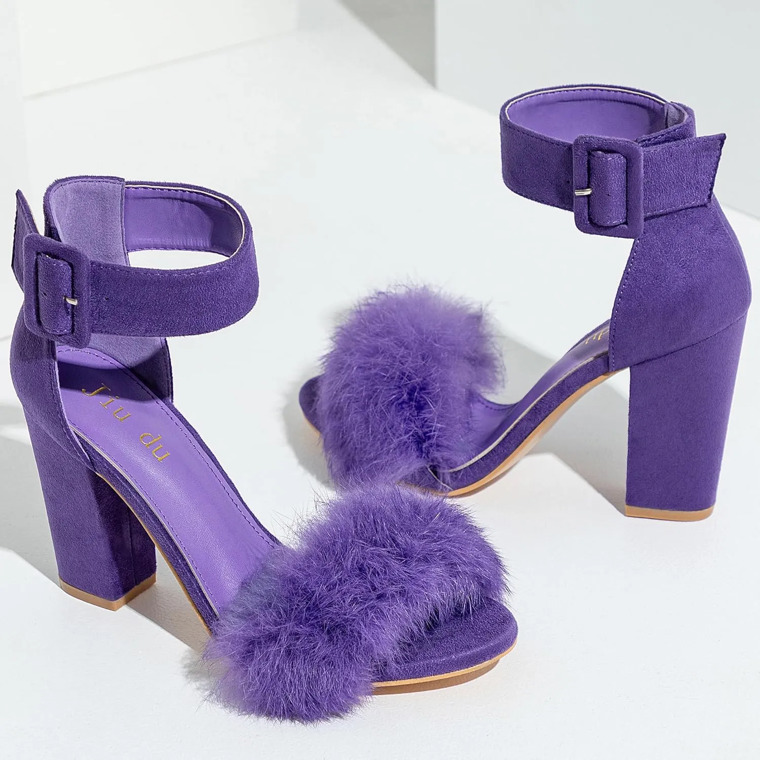 Jiu du Chunky Heels for Women Fur Feather High Heels Open Toe Ankle Strap Fuzzy Fluffy Block Heeled Shoes Prom Party Dance