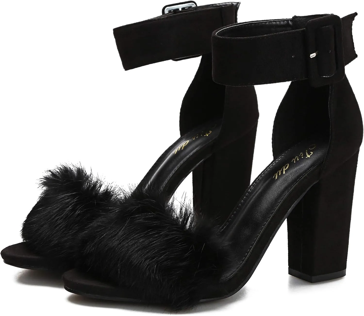 Jiu du Chunky Heels for Women Fur Feather High Heels Open Toe Ankle Strap Fuzzy Fluffy Block Heeled Shoes Prom Party Dance