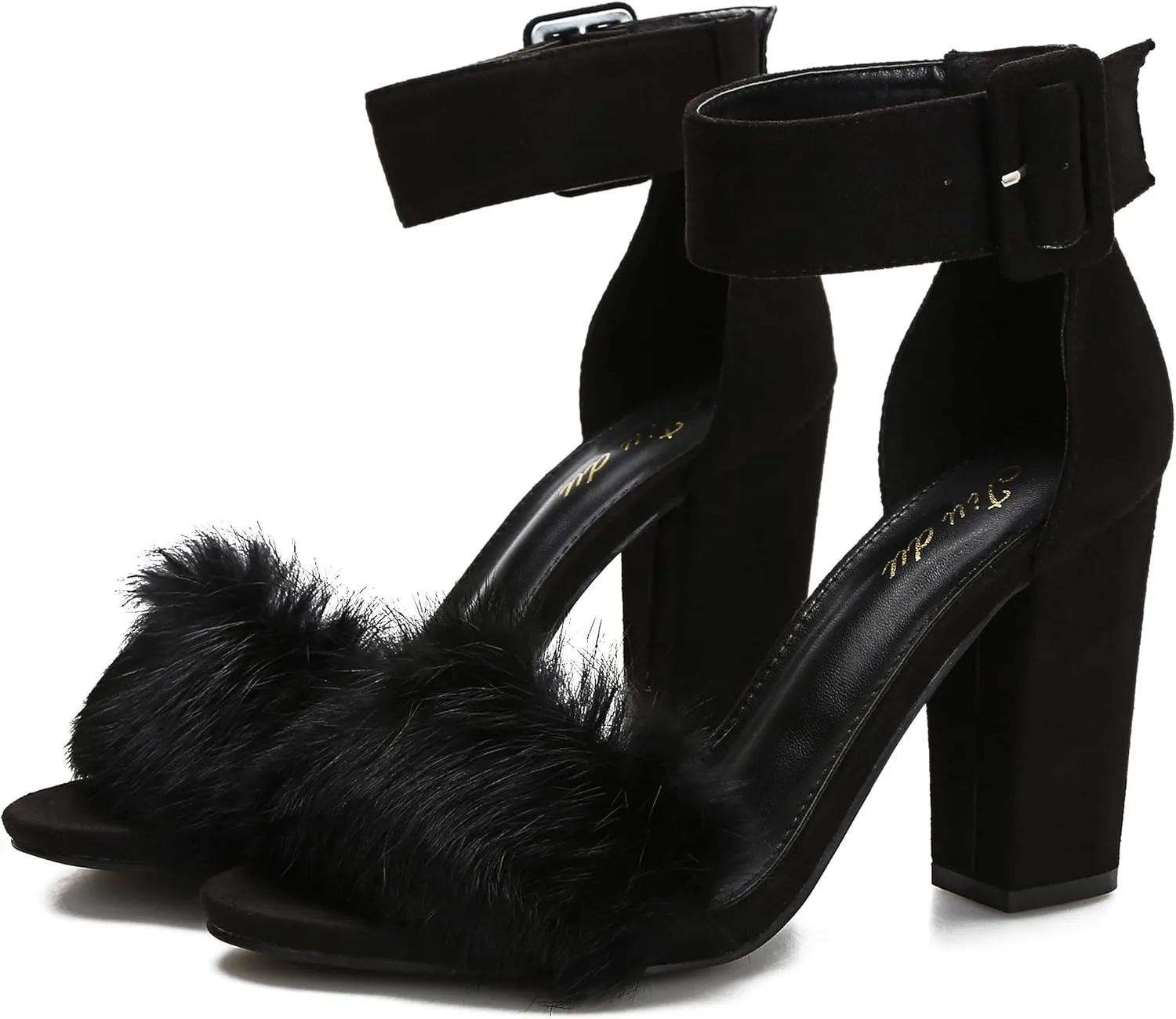 Jiu du Chunky Heels for Women Fur Feather High Heels Open Toe Ankle Strap Fuzzy Fluffy Block Heeled Shoes Prom Party Dance