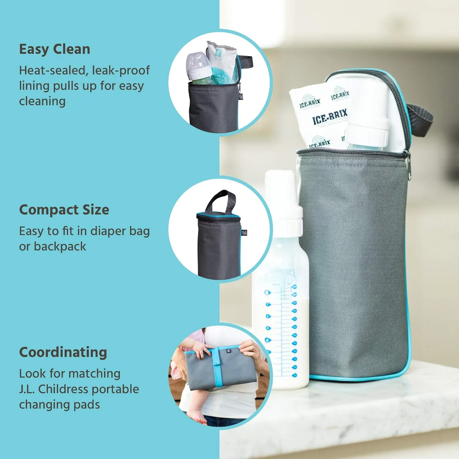 J.L. Childress Breastmilk Cooler Bag - Ice Pack Included - Insulated & Leak Proof Newborn Bottle Bag - Fits 1-2 Bottles - Bottle Bag for Daycare - Breastmilk Cooler Bag for Travel