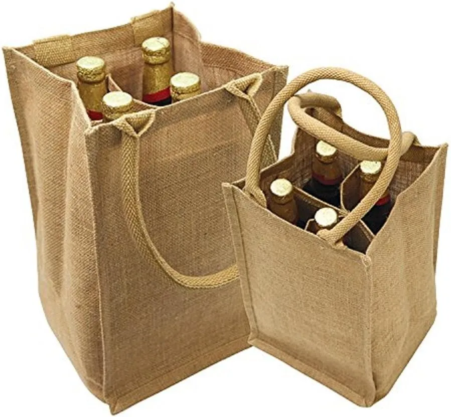 Jute Burlap 4 Bottle Wine Carrier Reusable Jute Wine Tote Bags w/Dividers (1)