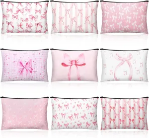 Kacctyen 9 Pcs Pink Bow Makeup Bag for Women Coquette Cosmetic Bag Bulk Preppy Pouch Coquette Gift with Zipper for Birthday Paty Favor Girls Travel Storage Accessories