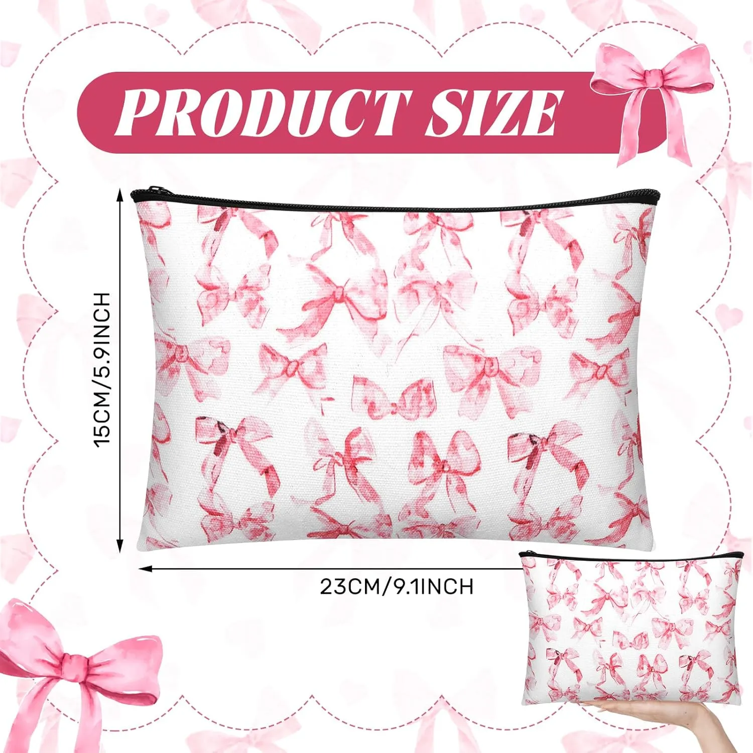 Kacctyen 9 Pcs Pink Bow Makeup Bag for Women Coquette Cosmetic Bag Bulk Preppy Pouch Coquette Gift with Zipper for Birthday Paty Favor Girls Travel Storage Accessories