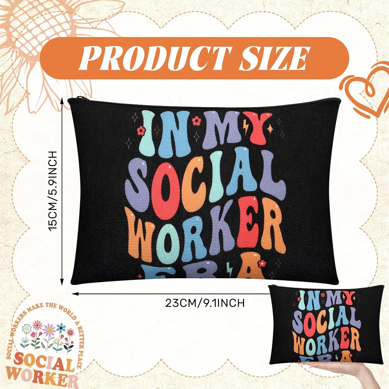 Kacctyen 9 Pcs Social Worker Appreciation Gifts for Women Large Size 9x6 inch Makeup Bags Canvas Cosmetic Pouch Bag Bulk for Social Worker Month Party Favors Volunteer Graduation Travel Gifts