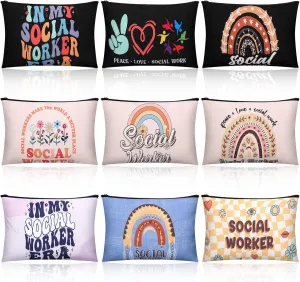Kacctyen 9 Pcs Social Worker Appreciation Gifts for Women Large Size 9x6 inch Makeup Bags Canvas Cosmetic Pouch Bag Bulk for Social Worker Month Party Favors Volunteer Graduation Travel Gifts