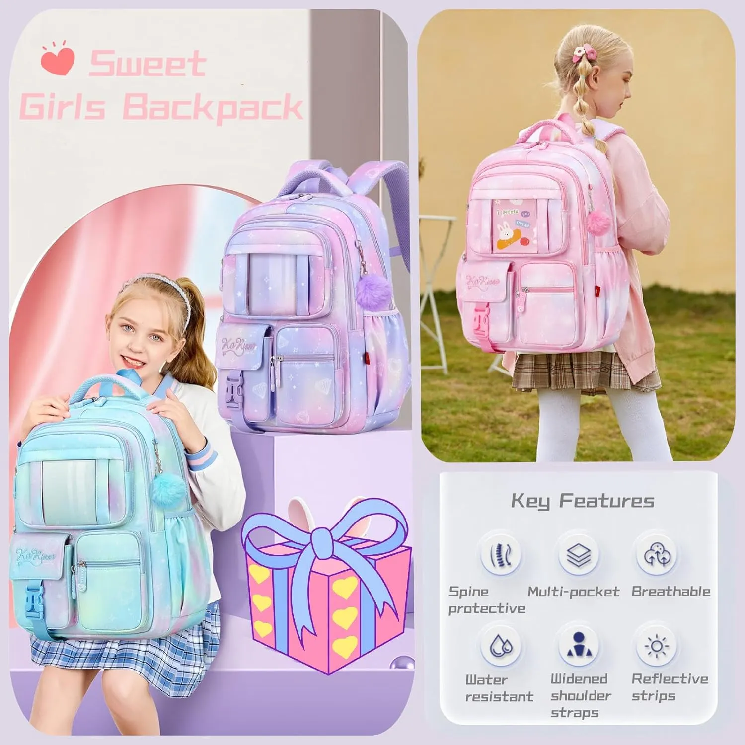 Kawaii Girls Backpack for School with Furry Pendant, Multi-Pocket Girls School Bags Backpack for Kids, B05-Purple