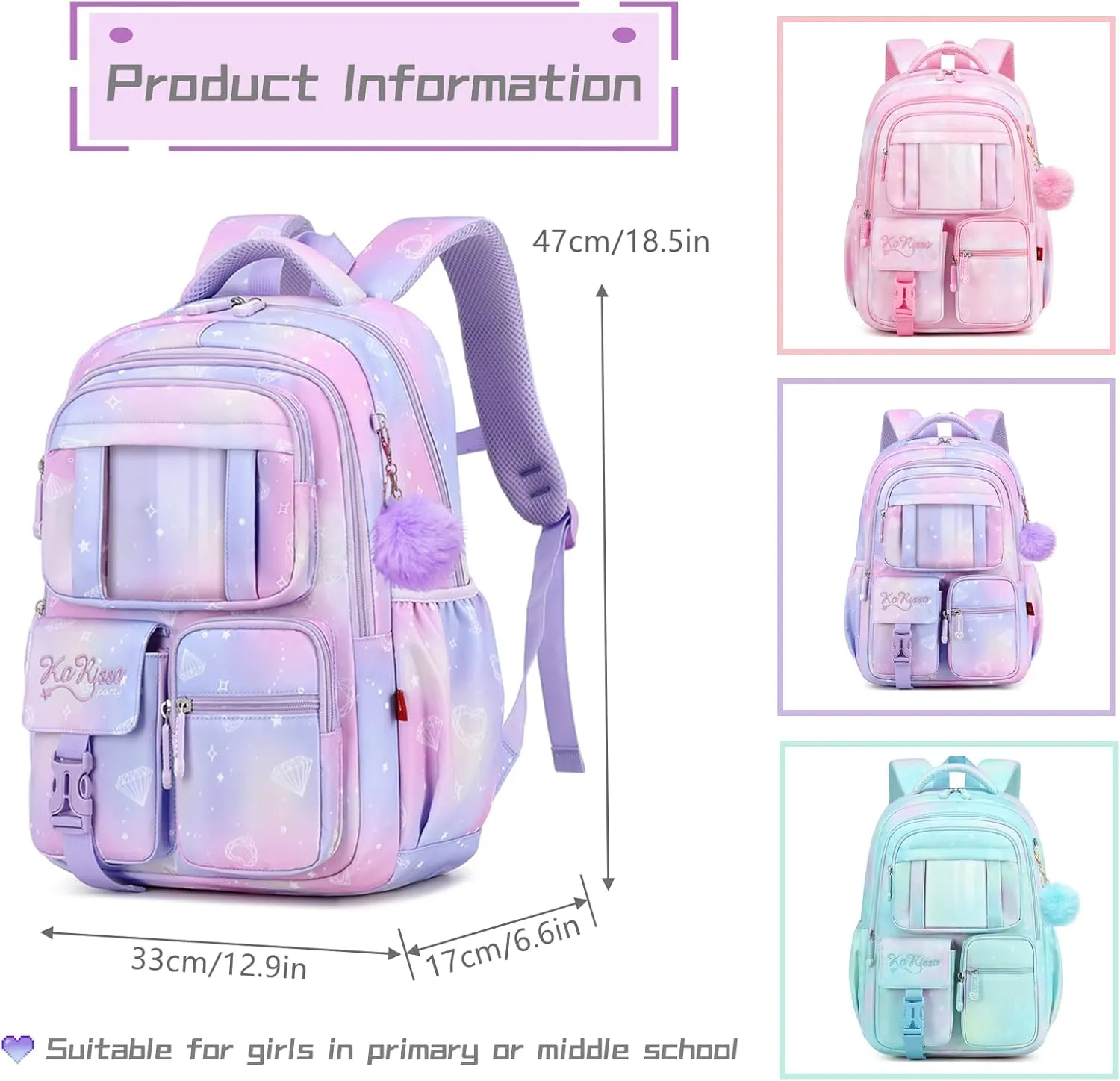 Kawaii Girls Backpack for School with Furry Pendant, Multi-Pocket Girls School Bags Backpack for Kids, B05-Purple