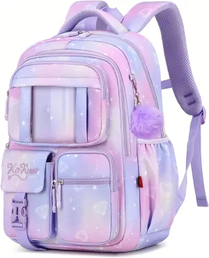 Kawaii Girls Backpack for School with Furry Pendant, Multi-Pocket Girls School Bags Backpack for Kids, B05-Purple