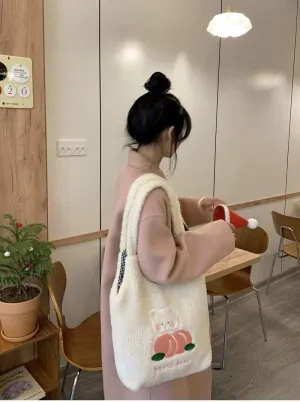 Kawaii Tote Bags Aesthetic Cute Bear Embroidery Purse Fluffy Underarm Bag Faux Fur Shoulder Bag with Interior Pockets
