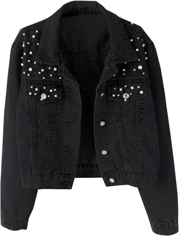 Kedera Women Oversized Denim Jacket Embroidered Pearls Beading Jeans Coat