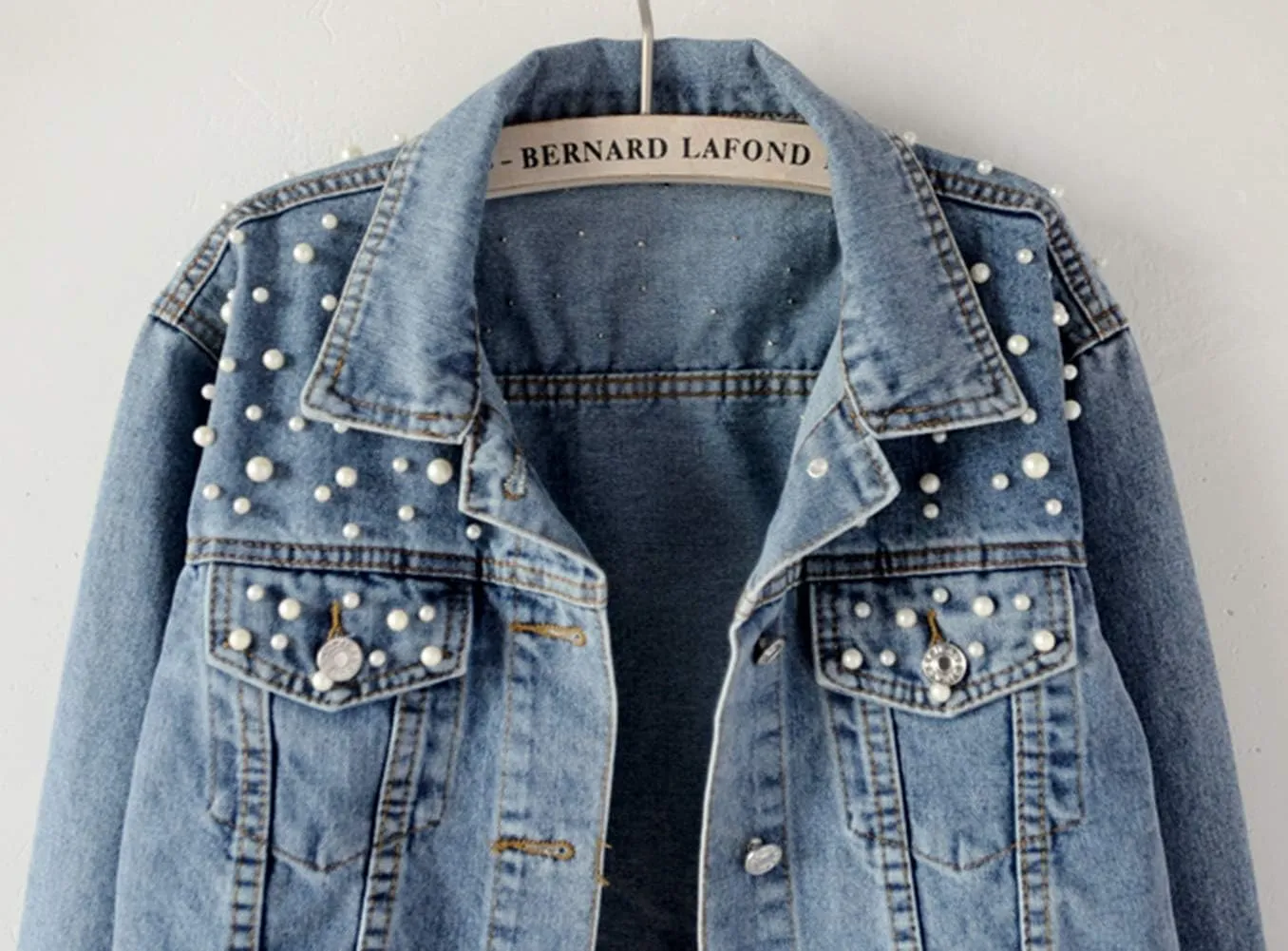 Kedera Women Oversized Denim Jacket Embroidered Pearls Beading Jeans Coat