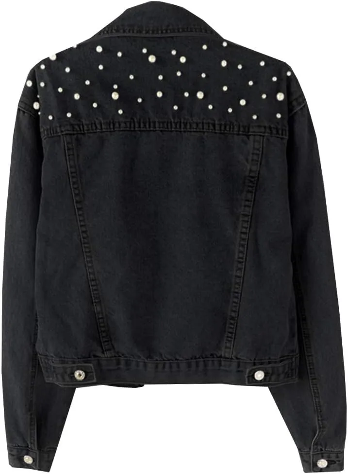 Kedera Women Oversized Denim Jacket Embroidered Pearls Beading Jeans Coat