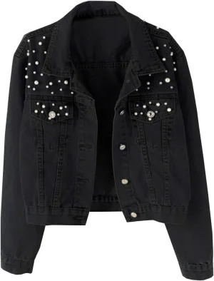 Kedera Women Oversized Denim Jacket Embroidered Pearls Beading Jeans Coat