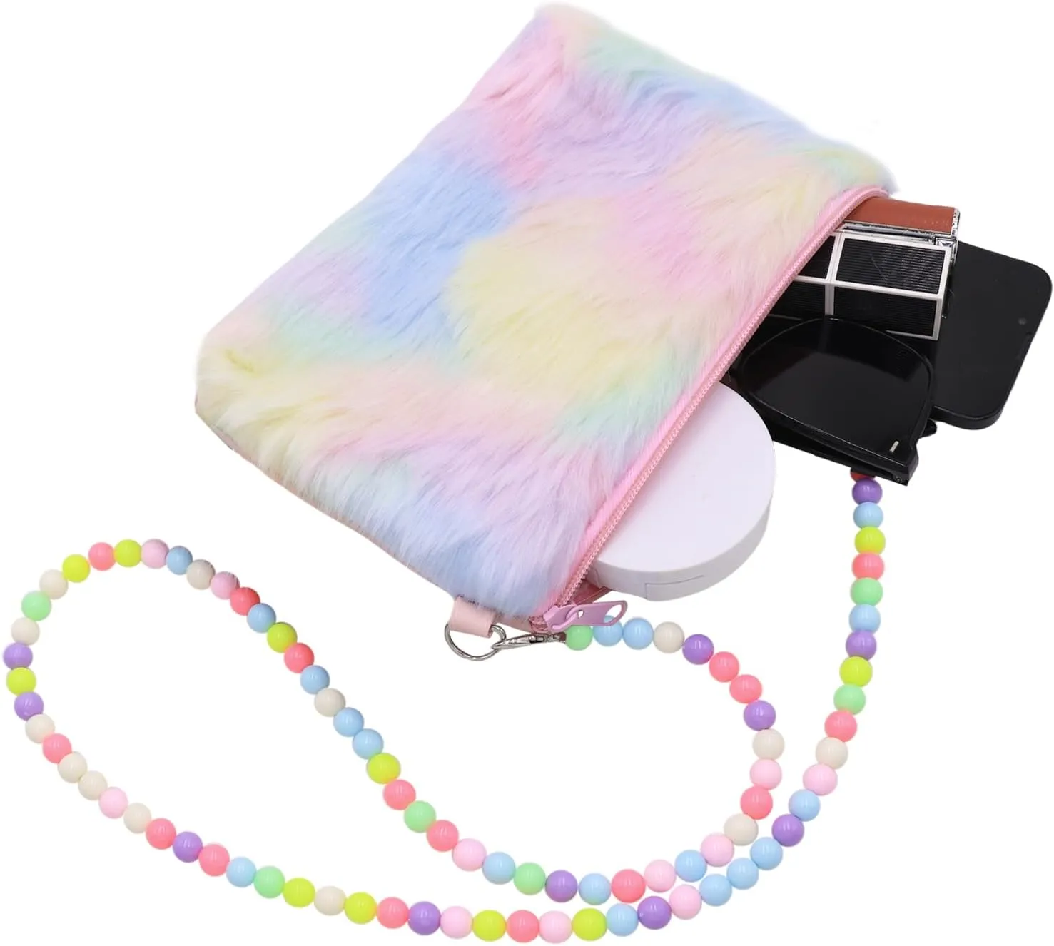 Kids Girls Fluffy Crossbody Purse Fuzzy Bag Plush Tie Dye Rainbow Shoulder Bag Handbag Wallet