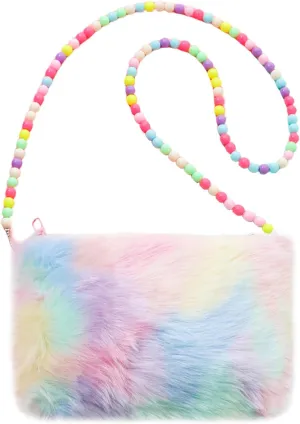 Kids Girls Fluffy Crossbody Purse Fuzzy Bag Plush Tie Dye Rainbow Shoulder Bag Handbag Wallet