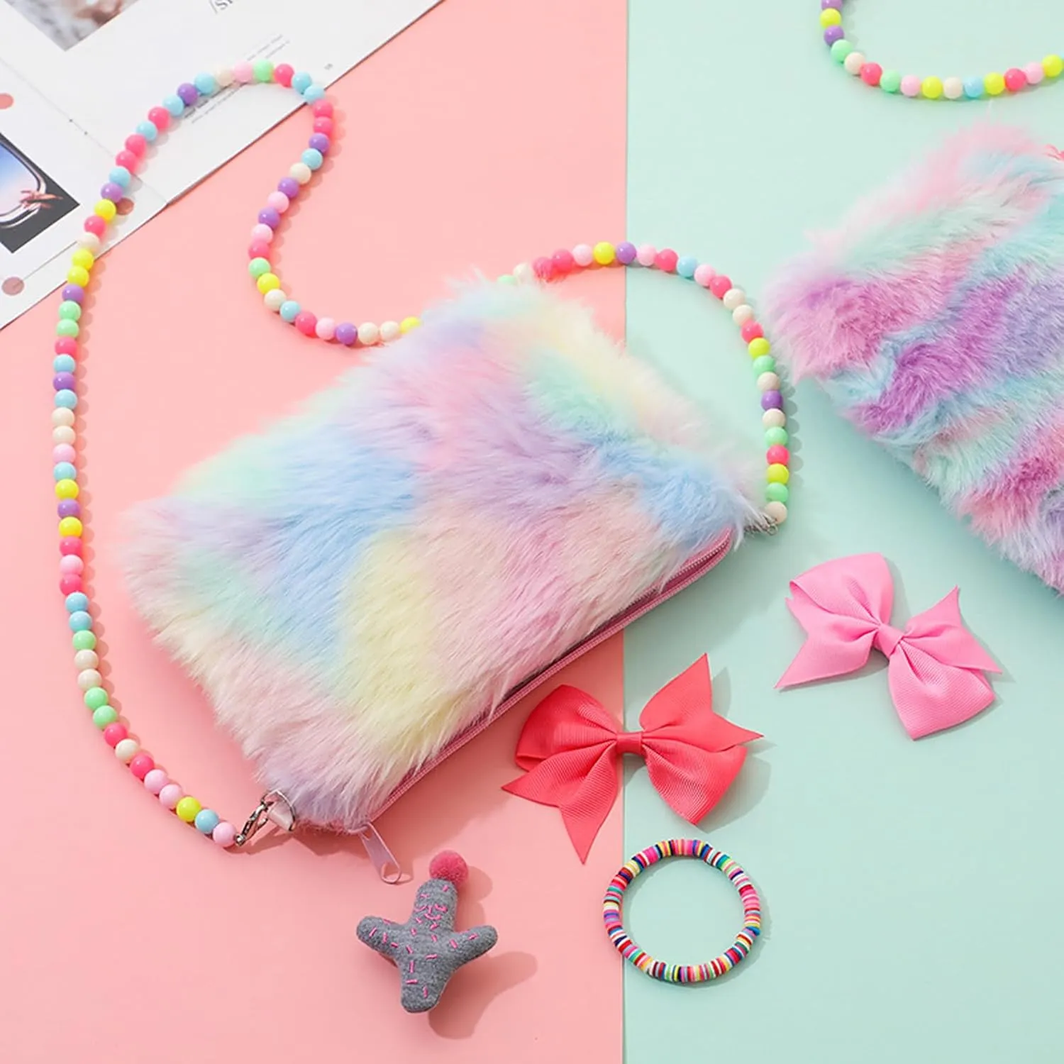 Kids Girls Fluffy Crossbody Purse Fuzzy Bag Plush Tie Dye Rainbow Shoulder Bag Handbag Wallet
